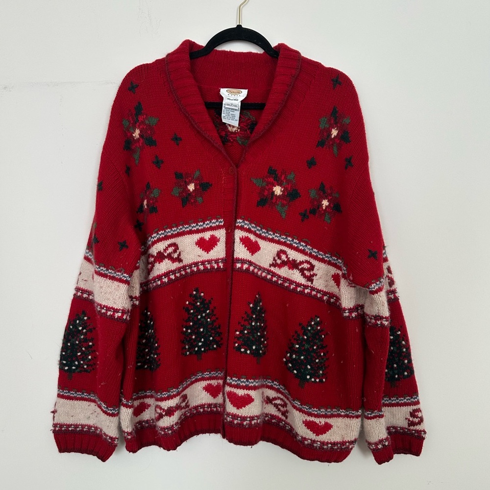 Vintage Style Talbots Red Holiday Cardigan with Festive Patterns